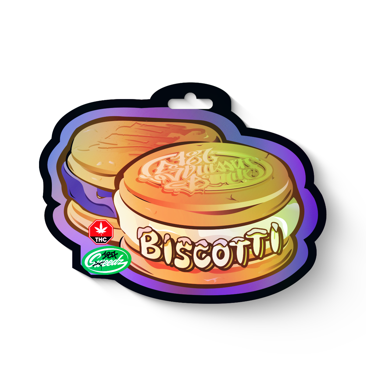Digital art by Greenz: An illustration of biscotti cookies with THC markings, vibrant colors and eye-catching lettering on a black background
