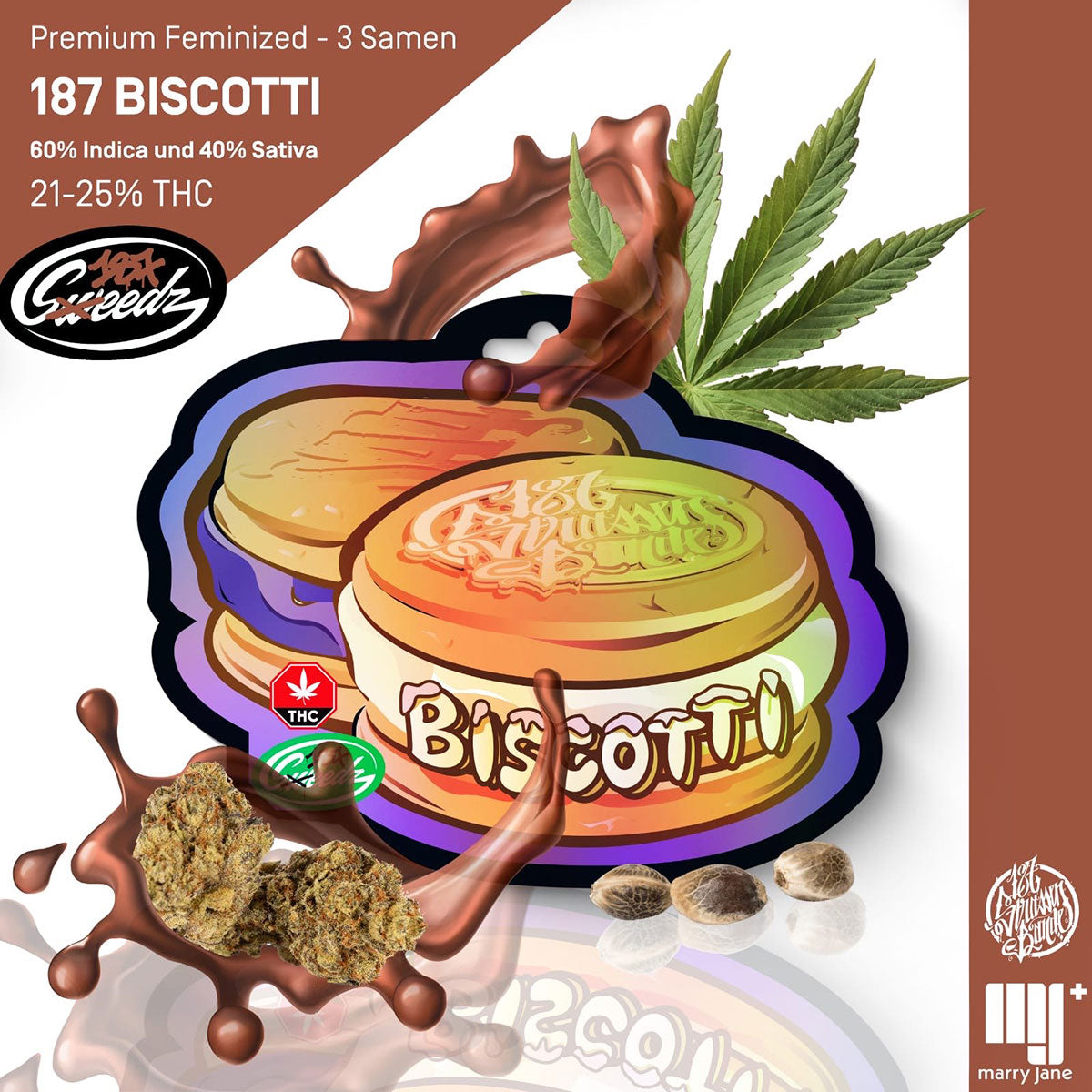 Digital illustration by Marry Jane: Biscotti cannabis product with marijuana flowers, chocolate splashes and hemp seeds on a purple-orange background
