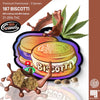 Digital illustration by Marry Jane: Biscotti cannabis product with marijuana flowers, chocolate splashes and hemp seeds on a purple-orange background
