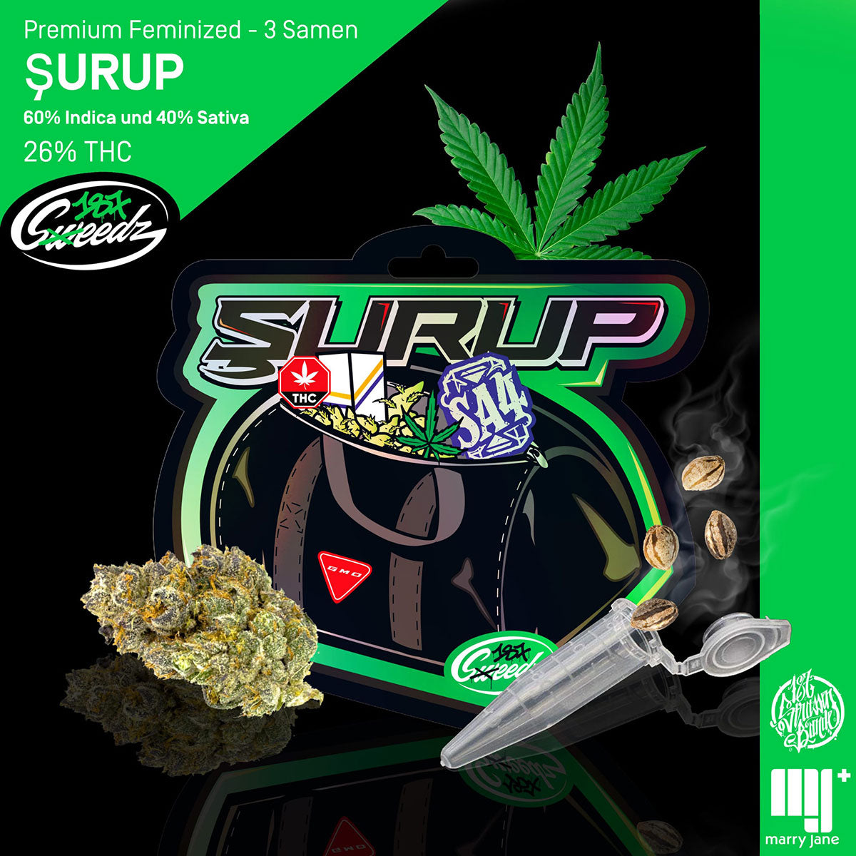Digital illustration by 187 Gweedz: Marijuana product called ŞURUP with cannabis flowers, seeds and a green bag with THC symbol and S44 print on a black background
