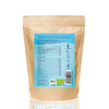 Kraft-Food Hans Brainfood GmbH BIO Whey Protein powder packaging, showing nutritional information and preparation instructions with vibrant blue and green accents, featuring a milk carton and fruit icons
