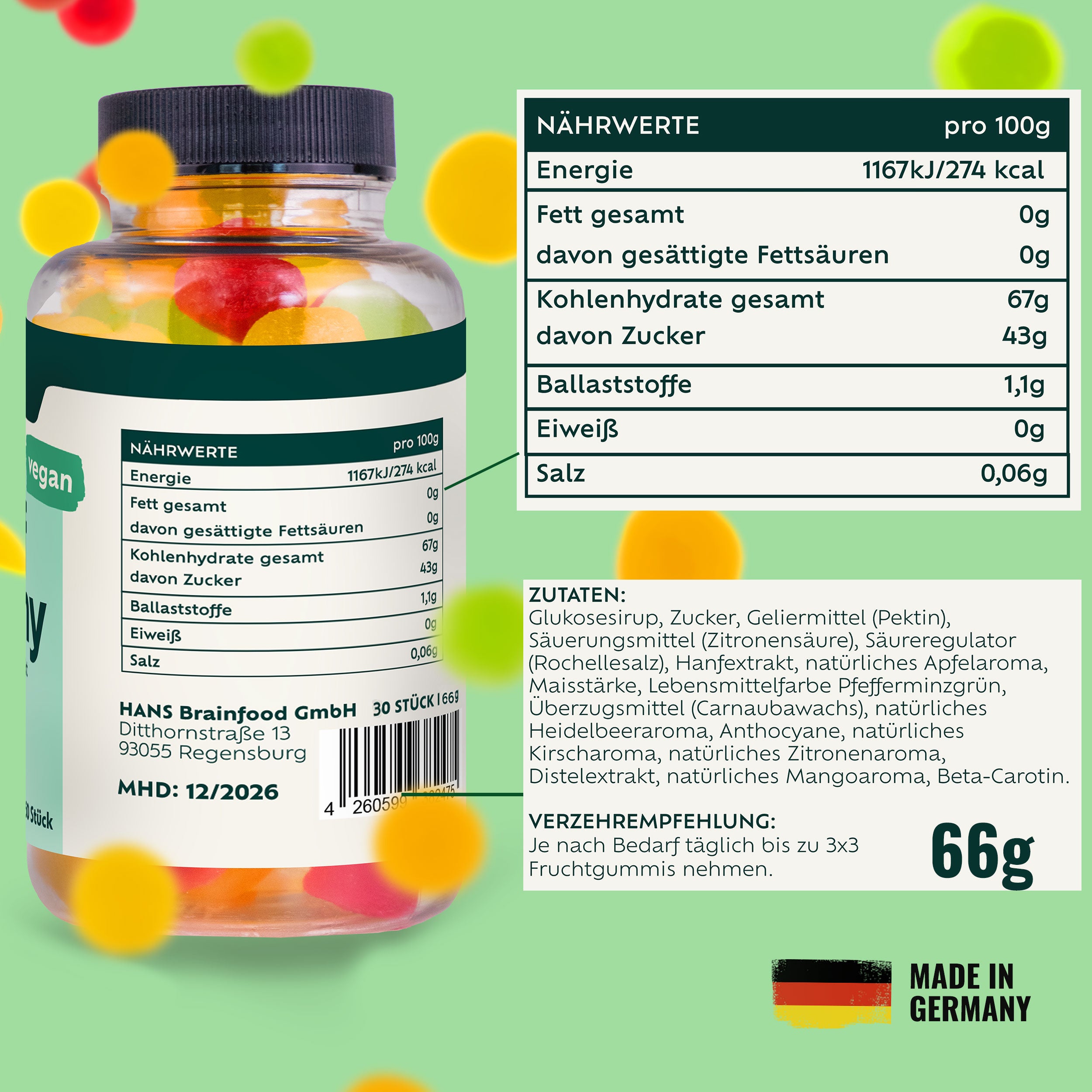 Product photo by HANS Brainfood GmbH: A glass jar with colorful, vegan fruit gums in red, yellow and green, Regensburg, Germany
