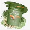 Product image of Hans Hemp Protein, 350g bag with hemp seeds, smoothie and muesli recipes, vegan and high protein content, bright green packaging and organic seal
